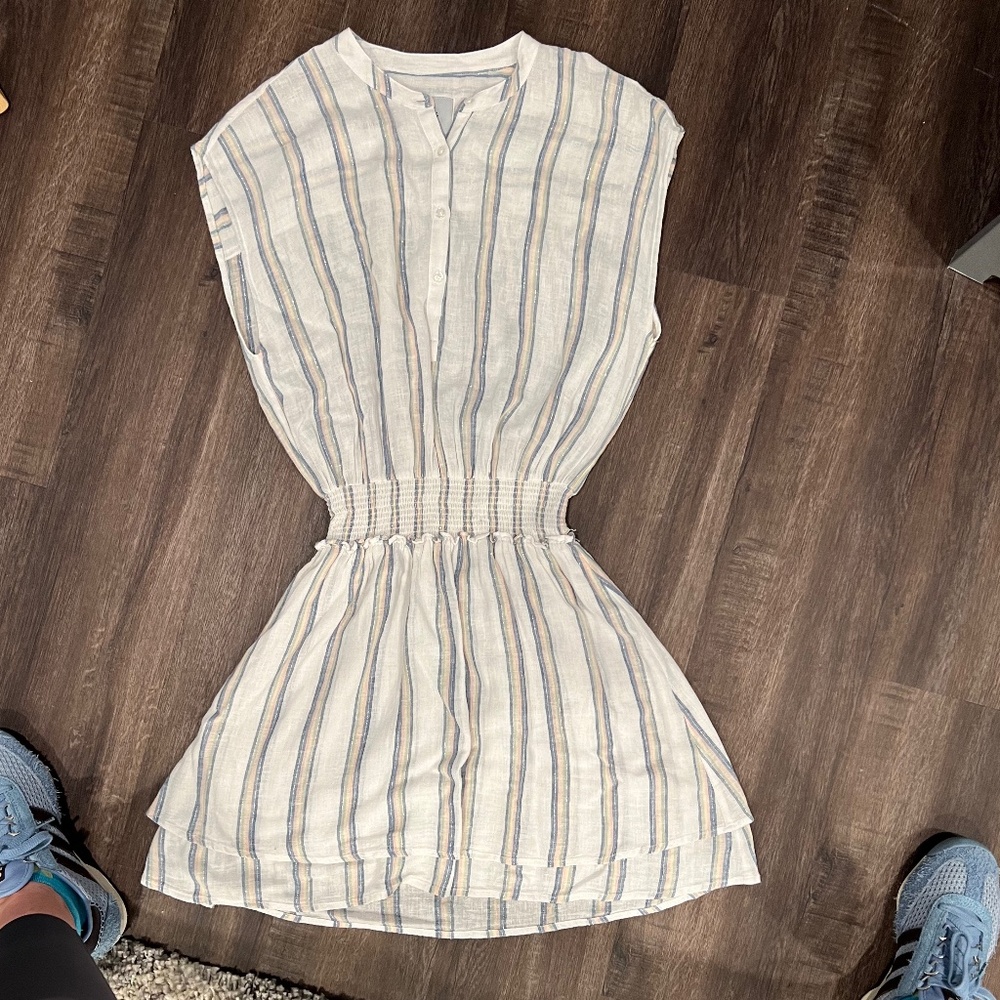 Rails Striped Linen Dress with button neck, elastic waist. Size Small